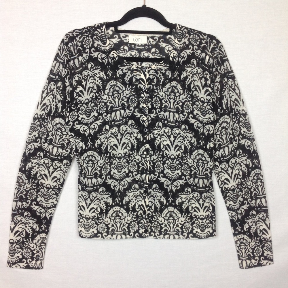 Ann Taylor LOFT Black & White Floral Cardigan sz L